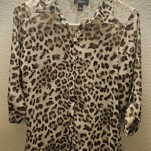 Iz Byer Leopard-Print Button-Down Blouse in Beige and Brown
